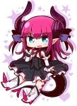 1girl blue_eyes blush boots chibi eyebrows_visible_through_hair fate/grand_order fate_(series) high_heel_boots high_heels horns knee_boots lancer_(fate/extra_ccc) long_hair looking_at_viewer naga_u parted_lips pink_hair pointy_ears smile solo tail white_boots