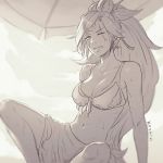  1girl amputee angry baiken beach bikini breasts cleavage guilty_gear guilty_gear_xrd koyoriin large_breasts long_hair looking_at_viewer monochrome navel one-eyed ponytail scar scar_across_eye solo swimsuit 