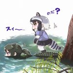  2girls :d alligator_tail american_alligator_(kemono_friends) animal_ears black_hair black_skirt brown_eyes commentary commentary_request common_raccoon_(kemono_friends) fur_collar gradient_hair green_hair grey_hair kemono_friends long_hair looking_away multicolored_hair multiple_girls open_mouth pantyhose parody partially_submerged photo_reference ponytail raccoon_ears raccoon_tail revision riding short short_hair shoulder_spikes skirt smile spikes swimming tail tanaka_kusao translation_request tree violet_eyes water 