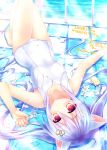  1girl animal_ears bangs barefoot blush breasts cat_ears closed_mouth collarbone commentary_request covered_navel eyebrows_visible_through_hair flower hair_between_eyes hair_ornament heart_hair_ornament inagaki_miiko knees_up light_blue_hair looking_at_viewer lying on_back on_floor original pool pool_ladder red_eyes school_swimsuit sidelocks signature small_breasts smile solo stuffed_animal stuffed_cat stuffed_toy swimsuit tile_floor tiles twintails twitter_username water white_school_swimsuit white_swimsuit 