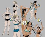  2girls abs artist_request blonde_hair blue_eyes breasts character_sheet closed_eyes dark_skin from_behind hair_bun hands_on_hips long_hair looking_at_viewer medium_breasts multiple_girls navel original ponytail small_breasts smile sports_bikini sportswear toned volleyball 