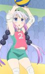  1girl absurdres bangs beads black_bow blue_eyes blunt_bangs blush bow dragon_girl dragon_horns gradient_hair hair_beads hair_ornament highres horns kanna_kamui kobayashi-san_chi_no_maidragon lavender_hair long_hair low_twintails multicolored_hair pink_hair solo sport sportswear twintails volleyball volleyball_uniform 