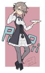  1girl ange_(princess_principal) blush boots bow bowtie braid brown_hair copyright_name french_braid frilled_skirt frills glasses hair_ribbon looking_at_viewer miniskirt pantyhose princess_principal ribbon short_hair side_braid silver_hair simple_background skirt solo underbust werkbau 