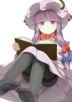  1girl bangs black_legwear blue_bow blunt_bangs bow bowtie capelet crescent crescent_hair_ornament dress feet hair_bow hair_ornament hat kamata_yuuya long_hair looking_at_viewer mob_cap no_shoes pantyhose patchouli_knowledge purple_dress purple_hair red_bow red_bowtie simple_background soles solo thighband_pantyhose toes touhou violet_eyes white_background 