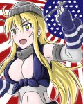  10s 1girl :d admiral_paru ahoge american_flag blonde_hair breasts cleavage detached_sleeves headgear iowa_(kantai_collection) kantai_collection long_hair looking_at_viewer navel open_mouth raised_fist smile solo star star-shaped_pupils symbol-shaped_pupils violet_eyes 