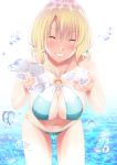  &gt;:) 1girl ^_^ bangs blush breasts closed_eyes collarbone cowboy_shot erect_nipples grin halter_top halterneck highres large_breasts leaning_forward looking_at_viewer navel o-ring_bikini ocean original short_hair smile solo splashing stomach tawagoto_dukai_no_deshi tied_hair 