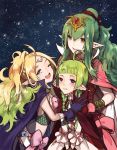  ahoge blush bow braid breasts cape chiki circlet dress fire_emblem fire_emblem:_kakusei fire_emblem:_mystery_of_the_emblem gloves green_eyes green_hair hair_ornament hair_ribbon long_hair looking_at_viewer mother_and_daughter multiple_girls nn_(fire_emblem) nowi_(fire_emblem) open_mouth pointy_ears ponytail ribbon smile violet_eyes 