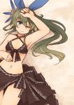  1girl absurdres bare_shoulders blue_eyes eyebrows_visible_through_hair flat_chest green_hair hand_on_head hand_on_own_stomach highres kaginoni long_hair looking_at_viewer lying navel on_back one_eye_closed original sand solo 