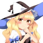  1girl blonde_hair blush bow braid brown_eyes commentary hand_to_own_mouth hands_up hat kirisame_marisa long_hair lovestruck ribbon single_braid smile solo touhou vest wavy_hair witch_hat yururi_nano 