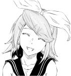  1girl asunogear bow closed_eyes collarbone eyebrows_visible_through_hair eyelashes hair_bow hair_ornament hairclip happy headset highres kagamine_rin leaning_to_the_side monochrome open_mouth sailor_collar short_hair sleeveless smile solo vocaloid 