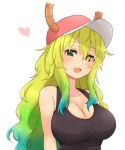  1girl :d blush breasts cleavage dragon_girl dragon_horns eyebrows_visible_through_hair gradient_hair green_eyes green_hair hat heart heterochromia highres horns kobayashi-san_chi_no_maidragon large_breasts long_hair merry_(168cm) multicolored_hair open_mouth quetzalcoatl_(maidragon) simple_background smile solo upper_body violet_eyes white_background yellow_pupils 