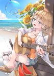  1girl blue_eyes blush breasts brown_hair cat cleavage collarbone denim denim_shorts eyebrows_visible_through_hair flower food fruit guitar holding holding_instrument instrument jewelry large_breasts looking_at_viewer necklace open_mouth short_hair shorts sitting smile solo summer_lesson sunflower tom_sun watermelon 