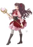  1girl binder black_boots boots bow brown_eyes brown_hair corset crescent earrings fire_emblem fire_emblem_heroes full_body glowing hair_bow highres jewelry long_hair original pants pants_under_skirt pink_skirt ponytail sasha_gladysh scepter skirt smile solo 
