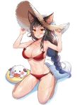  1girl :3 absurdres ahri animal_ears bare_legs barefoot bikini braid breasts facial_mark fang_out hands_on_headwear hat highres innertube large_breasts league_of_legends long_hair looking_at_viewer multiple_tails navel poro_(league_of_legends) red_bikini shorarung side-tie_bikini single_braid sitting solo straw_hat sun_hat swimsuit tail very_long_hair wariza wet yellow_eyes 