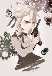  1girl ange_(princess_principal) blue_eyes bow bowtie braid grey_eyes gun hair_ribbon handgun holding holding_gun holding_weapon kumasawa_(dkdkr) long_sleeves looking_at_viewer pistol princess_principal revolver ribbon short_hair solo underbust upper_body weapon 