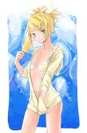  1girl bikini blonde_hair blue_eyes bow bubble_background collarbone flat_chest food fujichika_(fujichica_fpf) grin hair_bow hair_ornament hairclip hand_in_pocket highres holding holding_food hood hoodie kagamine_rin midriff navel popsicle smile solo spaghetti_strap swimsuit teeth treble_clef updo vocaloid 