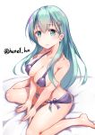  10s 1girl alternate_costume aqua_hair bare_shoulders barefoot breasts cleavage collarbone commentary_request eyebrows_visible_through_hair hair_ornament hairclip henet_hene kantai_collection large_breasts long_hair looking_at_viewer sitting solo suzuya_(kantai_collection) twitter_username wariza 