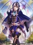  1boy black_hair book boots bow bowtie cape copyright_name crystal day dragon flower force_of_will fur_trim gloves leaf male_focus multicolored_hair official_art orange_eyes rose sky solo tail teeth two-tone_hair upper_body white_hair wings 