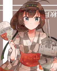  10s 1girl akizuki_(kantai_collection) alternate_costume brown_hair character_name chou-10cm-hou-chan collarbone fan grey_eyes hachimaki headband holding holding_fan itomugi-kun japanese_clothes kantai_collection kimono obi paper_fan ponytail sash short_hair smile solo uchiwa yukata 