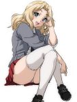  1girl black_necktie blazer blonde_hair blouse blue_eyes blue_shoes cross-laced_footwear dress_shirt eyebrows_visible_through_hair full_body girls_und_panzer grey_jacket hair_intakes hand_on_own_face jacket kay_(girls_und_panzer) legs_crossed long_hair long_sleeves looking_at_viewer miniskirt necktie open_clothes open_jacket open_mouth panties pantyshot pantyshot_(sitting) pleated_skirt red_skirt rinoko saunders_school_uniform school_uniform shirt shoes simple_background sitting sketch skirt sleeves_rolled_up smile sneakers solo thigh-highs thighs underwear white_background white_blouse white_legwear white_panties 