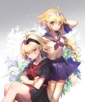  2girls ahoge alternate_costume arm_at_side arm_behind_back bangs black_sailor_collar black_shirt black_skirt blonde_hair blue_bow blue_sailor_collar blue_skirt blush bow braid breasts collarbone commentary_request crossed_arms eyebrows_visible_through_hair fate/apocrypha fate_(series) flower hair_between_eyes hair_bow hair_ornament hand_up jeanne_alter legs_together lily_(flower) long_hair looking_at_another matsuki_ringo miniskirt multiple_girls neckerchief pleated_skirt ruler_(fate/apocrypha) sailor_collar school_uniform serafuku shirt short_hair short_sleeves single_braid sitting skirt sleeve_cuffs standing thigh-highs very_long_hair violet_eyes white_flower white_legwear white_shirt yellow_eyes 