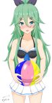  10s 1girl :d adapted_costume alternate_costume aqua_eyes ball beachball bikini_skirt bikini_top blush breasts cleavage collarbone commentary_request green_hair hair_ornament hair_ribbon hairclip holding kantai_collection linfa_lm long_hair looking_at_viewer navel open_mouth pleated_skirt ribbon simple_background skirt smile solo white_background yamakaze_(kantai_collection) 