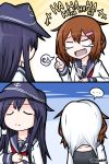  &gt;_&lt; ... 10s 2girls 2koma :d adjusting_clothes adjusting_necktie akatsuki_(kantai_collection) anchor_symbol artist_name brown_hair comic crying crying_with_eyes_open empty_eyes eyebrows eyebrows_visible_through_hair fang flat_cap hair_ornament hairclip hat highres ikazuchi_(kantai_collection) kantai_collection laughing long_hair long_sleeves multiple_girls necktie open_mouth pout purple_hair raythalosm red_necktie school_uniform serafuku short_hair smile spoken_ellipsis tank_top tears twitter_username xd 