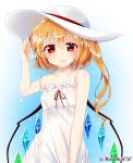  1girl alternate_costume arm_up bangs bare_arms blonde_hair blush cowboy_shot dress eyebrows_visible_through_hair flandre_scarlet gradient gradient_background hair_between_eyes hand_on_headwear haruki_(colorful_macaron) hat highres long_hair looking_at_viewer multicolored multicolored_background open_mouth red_eyes red_ribbon ribbon see-through side_ponytail solo sparkle touhou twitter_username two-tone_background wet wet_clothes wet_dress wet_hair white_dress white_hat 