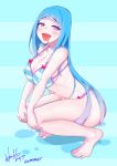  1girl :d ass bangs barefoot bikini blue_hair blunt_bangs blush breasts cleavage erect_nipples full_body highres hori_shin large_breasts long_hair looking_at_viewer me!me!me! meme_(me!me!me!) navel open_mouth pale_skin saliva saliva_trail smile solo squatting striped striped_bikini swimsuit very_long_hair violet_eyes 