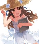  10s 1girl apple brown_eyes brown_hair commentary_request dress flower food fruit hair_ribbon hat hat_flower holding idolmaster idolmaster_cinderella_girls long_hair looking_at_viewer open_mouth ribbon simple_background solo straw_hat sundress tablet tachibana_arisu tetsujin_momoko white_background 