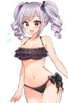  1girl :d bare_shoulders bikini black_bikini blush bow breasts collarbone commentary_request cowboy_shot drill_hair eyebrows_visible_through_hair frilled_bikini frills grey_hair hair_bow heart idolmaster kanzaki_ranko large_breasts long_hair looking_at_viewer mio_(mgr300) navel open_mouth red_eyes side-tie_bikini simple_background smile solo swimsuit thigh_gap twin_drills twintails white_background 