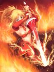  blonde_hair breasts clarent cleavage detached_sleeves fate_(series) gogatsu_fukuin green_eyes high_ponytail highres medium_breasts navel ponytail saber_of_red sword thighs weapon 