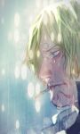  1boy blonde_hair blue_eyes cigarette closed_mouth crying crying_with_eyes_open face facial_hair from_side highres lights looking_down male_focus muyukikiyoshi11521 one_piece outdoors rain sanji short_hair snot solo tears wet wet_face wet_hair 