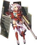  1girl aizuwakamatsu_(oshiro_project) antique_firearm architecture armband armor breastplate castle east_asian_architecture firearm full_body gun hairband holding holding_weapon horns kekemotsu looking_at_viewer no_panties official_art oshiro_project oshiro_project_re red_eyes rifle scope shachihoko short_hair smile thigh-highs transparent_background weapon white_hair 