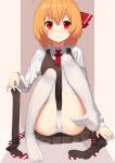  1girl ascot bangs black_skirt blonde_hair blush closed_mouth feet full_body hair_between_eyes hair_ribbon highres legs long_sleeves looking_at_viewer no_shoes panties pantyshot pantyshot_(sitting) red_eyes red_ribbon ribbon rumia sh_(562835932) shirt short_hair sitting skirt skirt_set solo thigh-highs toes touhou underwear white_legwear white_panties white_shirt 