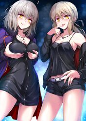  &gt;:q 2girls :q ahoge bangs bare_shoulders belt black_dress black_ribbon blush breast_lift breasts camisole cleavage collarbone cowboy_shot dress fate/grand_order fate_(series) fur_trim hair_ribbon jacket jeanne_alter jewelry large_breasts long_sleeves looking_at_viewer low_ponytail marugoshi_(54burger) medium_breasts multiple_girls naughty_face necklace open_clothes open_jacket parted_lips ribbon ruler_(fate/apocrypha) saber saber_alter short_dress short_shorts shorts silver_hair smile tongue tongue_out yellow_eyes 