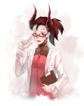  1girl adjusting_glasses alternate_costume bespectacled black-framed_eyewear black_hair bodysuit breast_pocket breasts chromatic_aberration dark_persona demon_horns devil_mercy facial_mark fang forehead_mark glasses hei_chuan_gui highres holding holding_clipboard horns labcoat long_sleeves looking_at_viewer mercy_(overwatch) no_wings open_mouth overwatch pen pocket ponytail red_bodysuit semi-rimless_glasses simple_background sketch slit_pupils small_breasts smile solo under-rim_glasses upper_body white_background 