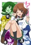  5girls akiyama_yukari bangs black_legwear black_neckerchief blouse blunt_bangs brown_eyes brown_hair brown_shoes c_(neta) commentary_request cover cover_page doujin_cover eyebrows_visible_through_hair full_body girls_und_panzer glasses green_skirt halftone invisible_chair isuzu_hana loafers long_hair long_sleeves looking_at_viewer miniskirt multiple_girls multiple_monochrome neckerchief nishizumi_miho one_eye_closed ooarai_school_uniform open_mouth pleated_skirt reizei_mako school_uniform semi-rimless_glasses serafuku shoes short_hair sitting skirt smile socks solo_focus takebe_saori thighs translated under-rim_glasses white_blouse 