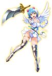  1girl angel angel_wings armor armored_boots asymmetrical_wings bare_shoulders blue_hair boots full_body gloves green_eyes hair_ornament looking_at_viewer milk nanael official_art open_mouth panties pantyshot pointing pointing_at_viewer polka_dot polka_dot_panties queen&#039;s_blade queen&#039;s_blade_unlimited short_hair smile transparent_background underwear weapon wings 