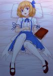  1girl alice_margatroid alice_margatroid_(pc-98) bed_sheet blonde_hair blue_eyes blue_ribbon blue_skirt book frilled_skirt frills full_body hair_ribbon highres kakone looking_at_viewer lying mary_janes on_back pantyhose pillow red_shoes ribbon shoes short_hair short_sleeves skirt solo touhou touhou_(pc-98) white_legwear 