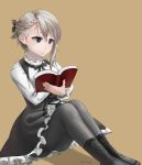  1girl ange_(princess_principal) boots braid french_braid frilled_skirt frills hair_ribbon highres kotta miniskirt pantyhose princess_principal reading ribbon short_hair side_braid silver_hair simple_background skirt solo underbust 