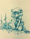  1girl aki_minoriko arinu blush commentary commentary_request dirty dirty_clothes dirty_face dirty_feet farmer farming food highres potato short_hair solo sweat touhou traditional_media weeds 