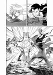  action combined_attack comic electricity fate/grand_order fate_(series) highres jacket_on_shoulders lightning monochrome nikola_tesla_(fate/grand_order) shield shielder_(fate/grand_order) skeleton 
