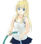  1girl :o blonde_hair blue_eyes blush eyebrows_visible_through_hair fullmetal_alchemist hose long_hair looking_away lowres open_mouth ponytail shirt simple_background skirt solo_focus tsukuda0310 water wet wet_clothes wet_hair white_background white_shirt winry_rockbell 