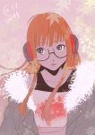  1girl bangs brown_eyes glasses headphones jacket leaf_print lips off-shoulder_shirt orange_hair persona persona_5 sakura_futaba sasha_gladysh semi-rimless_glasses shirt sidelocks solo tank_top under-rim_glasses upper_body 