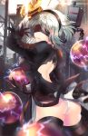  1girl absurdres ass black_dress black_gloves blindfold breasts dress feather_trim gloves hairband highres holding holding_weapon medium_breasts mole mole_under_mouth nier_(series) nier_automata outdoors pod_(nier_automata) puffy_sleeves short_dress short_hair sparkle squadra sword weapon white_hair yorha_no._2_type_b 