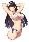 1girl armpits arms_behind_head arms_up bangs bikini black_hair blunt_bangs breasts cleavage closed_mouth cowboy_shot cropped_legs erect_nipples flower front-tie_bikini front-tie_top girls_frontline gloves hair_flower hair_ornament hairband hime_cut large_breasts long_hair looking_at_viewer navel qbz-95_(girls_frontline) side-tie_bikini simple_background smile solo swimsuit thigh-highs white_background white_bikini white_gloves white_legwear yan_wan yellow_eyes 