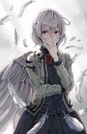  1girl backlighting bow braid expressionless feathered_wings feathers french_braid hand_on_own_face highres jacket jan_(lightdragoon) kishin_sagume long_sleeves looking_at_viewer open_clothes red_eyes short_hair silver_hair single_wing skirt skirt_set solo touhou wings 