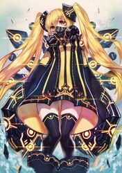  1girl absurdres blonde_hair coat doku-chan_(dokkudokudoku) gas_mask head_tilt highres long_hair long_sleeves neon_trim original sleeves_past_wrists thigh-highs twintails very_long_hair yellow_eyes 