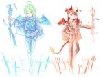  2girls alternate_costume angel angel_and_devil angel_wings artist_request blonde_hair brown_eyes brown_hair closed_eyes demon_girl demon_tail demon_wings diana_cavendish fork formal halo hand_on_hip horns kagari_atsuko little_witch_academia long_hair multiple_girls one_eye_closed staff suit tail wings 